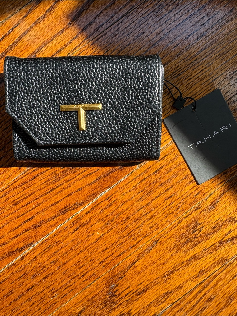 Tahari Black Pebbled Leather Wallet with Gold T Logo